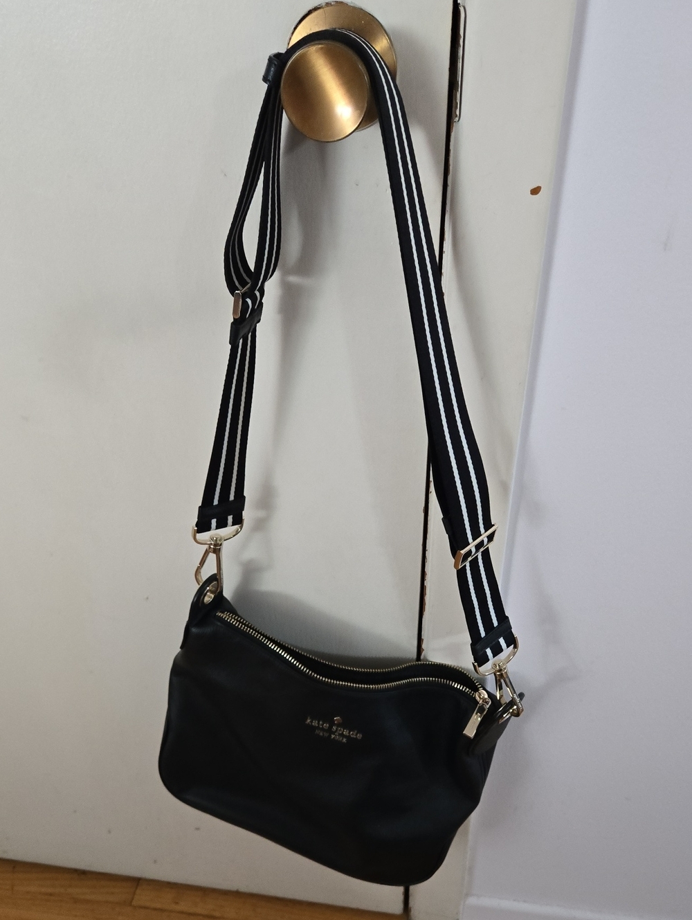 kate spade Black Leather Crossbody Bag with Striped Strap